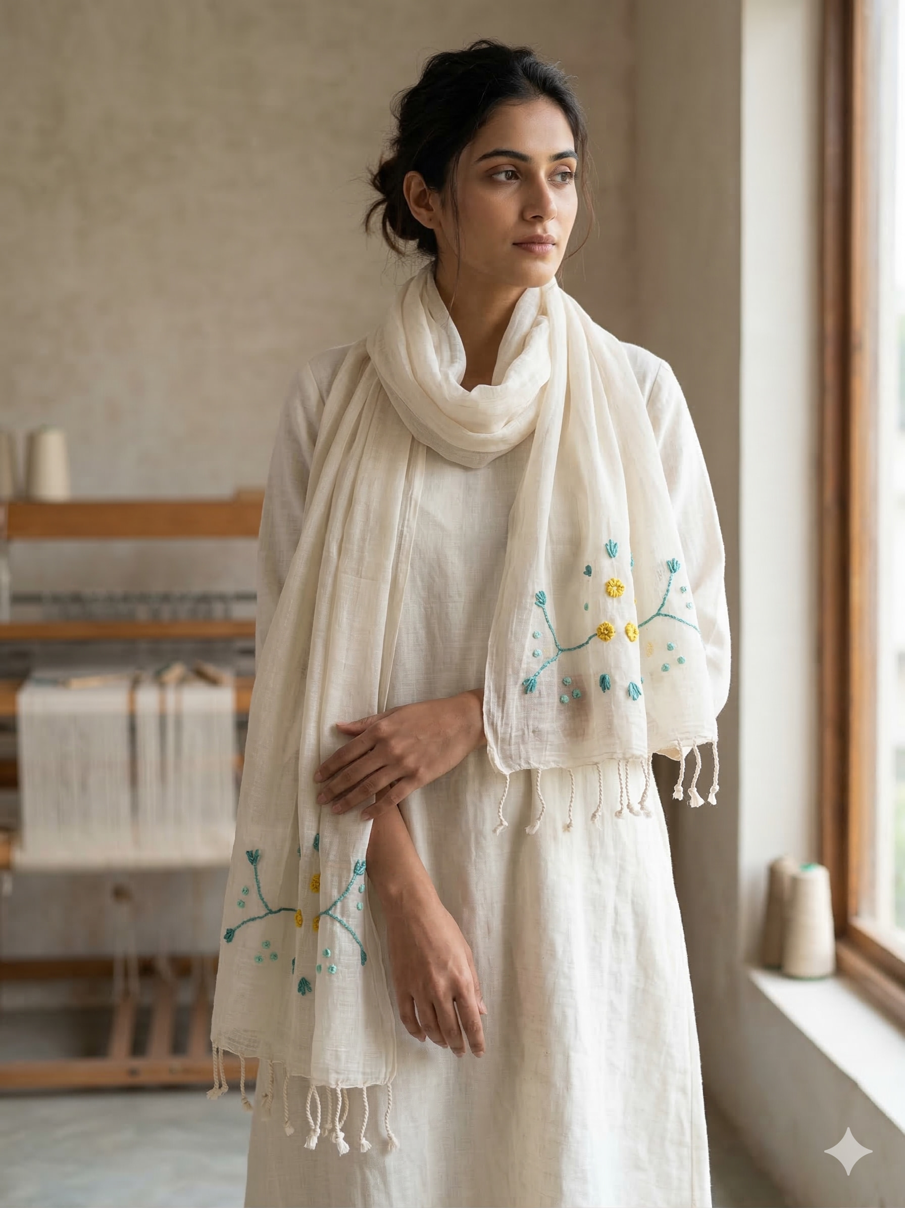 Atelier Sorella Turkuaz El Nakışlı Buldan İpeği Fular