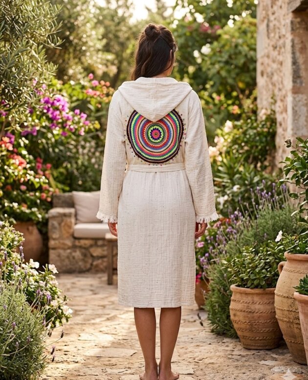 Bohem El Örgü Detaylı Müslin Kimono Bornoz